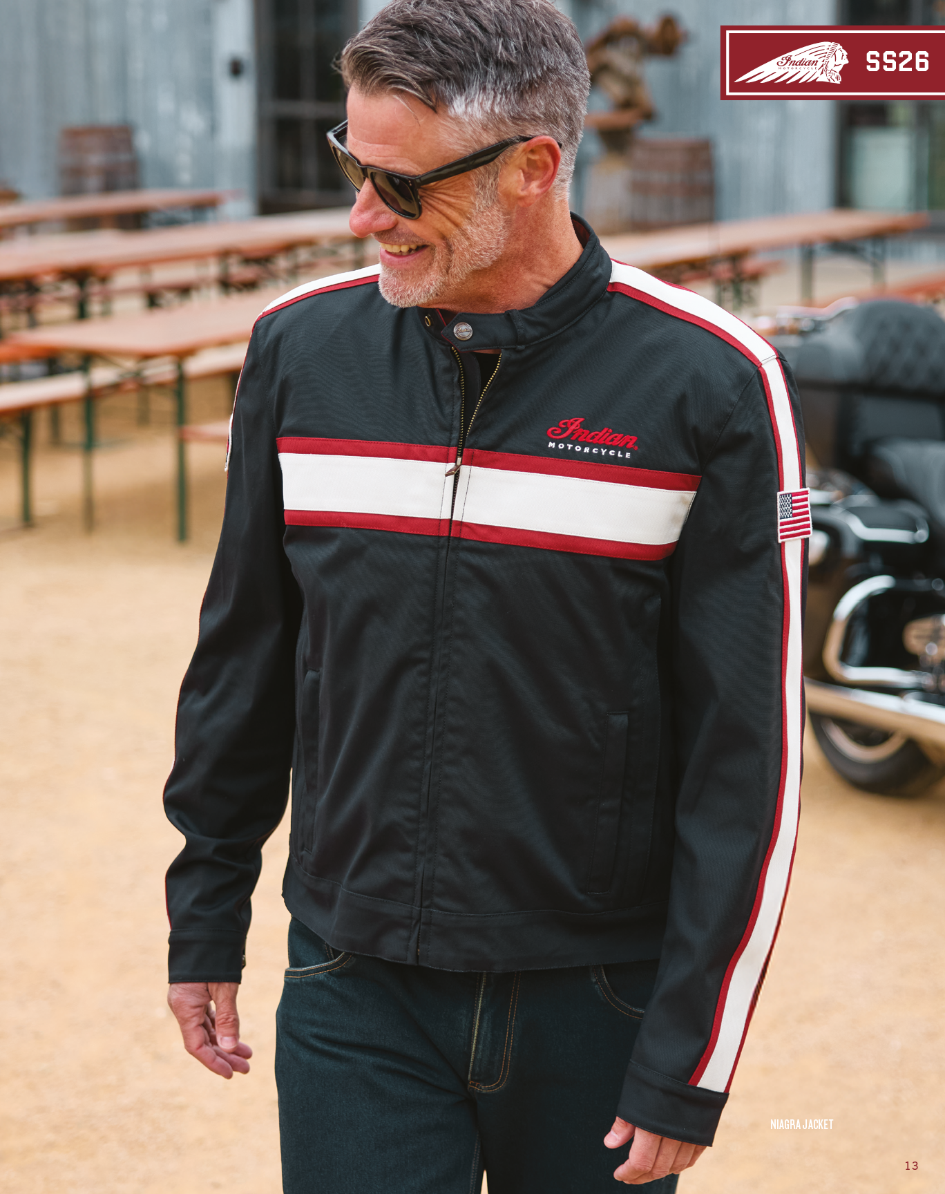 A man wearing a black and red jacket and sunglasses. AI generated content